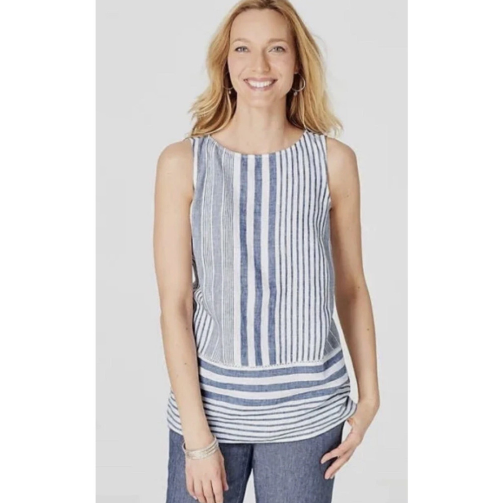 J. Jill Love Linen Women Blue White Striped Sleeveless Tunic Top Sz M Coastal